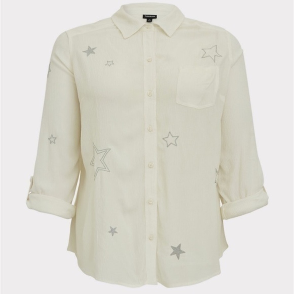 Torrid White Gauze Embroidered Star Button Front Relaxed Fit Shirt sz 10 or 00
